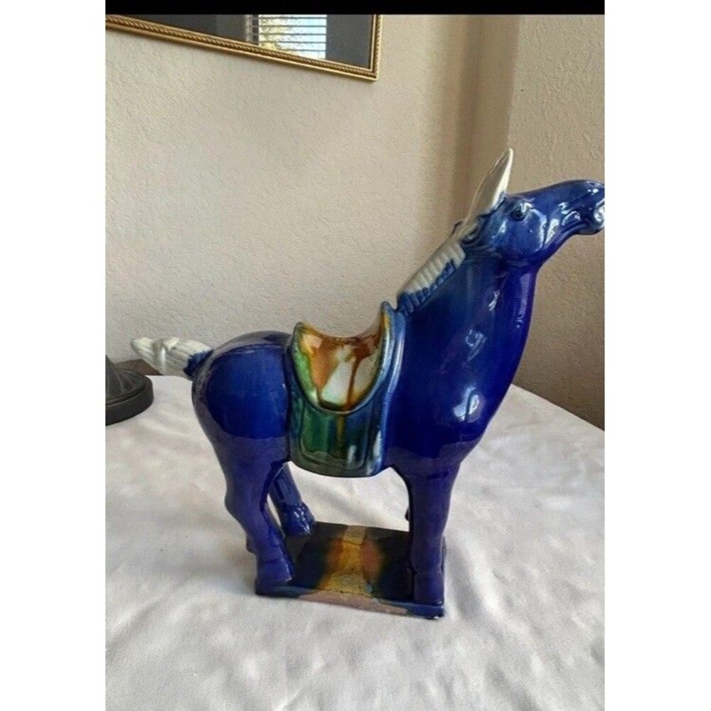 Tang Dynasty Style Sancai Blue Drip Glaze 10" War Horse Statue Figurine